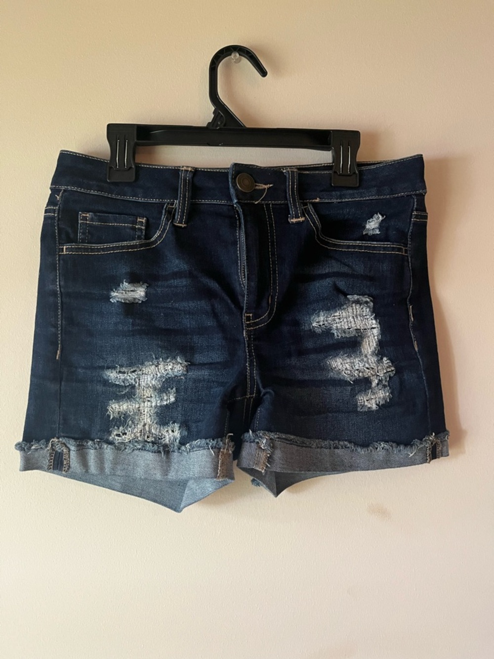 SO Dark Blue Distressed Rolled Hem Jean Shorts